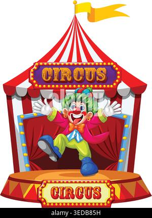 Fröhlicher Cartoon Clown auf einer Zirkusbühne unter einem rot gestreiften großen Top. Stock Vektor