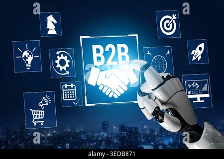 Futuristisches Roboterhandschütteln mit Business Icon für B2B-Partnerschaft in einer digitalen Umgebung mit Technologiesymbolen und Stadthintergrund Fluxor. Stockfoto