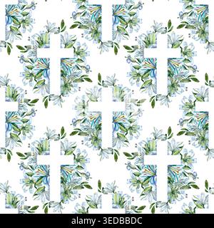 Elegantes nahtloses Muster mit weißem christlichem Kreuz, umgeben von handgezeichneten blauen Lilien und grünen Blättern. Perfekt für Ostern Stockfoto