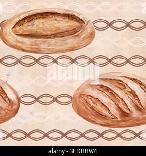Nahtloses Muster, handgemaltes Sauerteigbrot auf strukturiertem Pergamenthintergrund, warme Erdtöne. Rustikales Backwarendesign in Wasserfarben, horizontaler Streifen Stockfoto