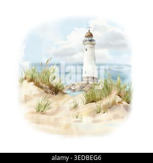 Küstenlandschaft mit Leuchtturm. Handgezeichnete Aquarellillustration Stockfoto