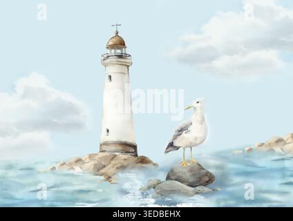 Möwe auf einem Felsen, Meer und Leuchtturm. Handgemalte Aquarelllandschaft. Küstenszene. Stockfoto