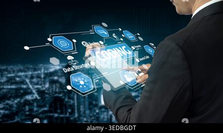 Ein Geschäftsmann interagiert mit einer digitalen Codierungsschnittstelle auf einem Tablet, umgeben von technologischen Elementen und einem städtischen Hintergrund, der Innovation repräsentiert Stockfoto