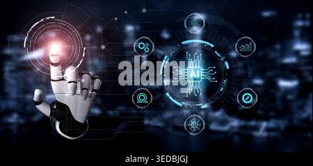 Zentraler KI-Kern verbindet Automatisierung, Analyse und NLP-Netzwerke für intelligentere Betriebsinnovationen. Agentic AI ermöglicht schnellere Entscheidungen. KI-Integration Stockfoto