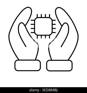 Zwei Hände schützen den Mikrochip sorgfältig. Strichgrafik-Vektor-Illustration für Datensicherheitskonzept, Cyber-Schutz-Logo Stock Vektor