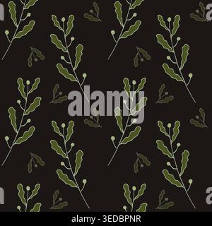 Nahtloses dunkles botanisches Muster mit handgezeichneten Waldzweigen und Blättern auf schwarzem Hintergrund für luxuriöses Branding, mystische Wandbilder und elegantes Textildesign. Vektorabbildung Stock Vektor