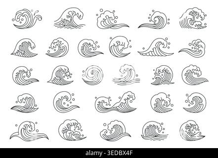 Japanische Meereswellen. Ocean Great kanagawa Wave Tattoo Grafik, Logo oder Emblem. Frisches Wasser ist mit maritimen Dekorationen und handgezeichnetem Fluss geschmückt Stock Vektor