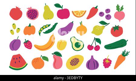 Obst und Gemüse Vektor Set mit bunten gesunden Lebensmittel Ikonen, flache Sammlung von Bio-frischen Produkten einschließlich Apfel, Banane, Tomaten, Karotten Stock Vektor