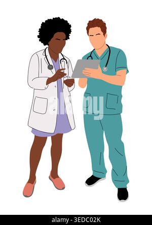 Arztin und Krankenschwester, die Tablette überprüfen Stock Vektor