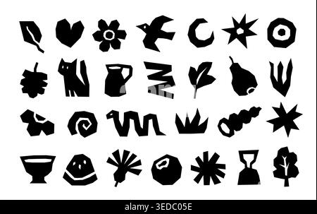 Linolschnitt Formen und Symbole Vektor mit primitiven schwarzen Glyphen, handgefertigten Folk-Ikonen und abstrakten Silhouetten einschließlich Vogel, Katze, Blatt, Blume und Stock Vektor