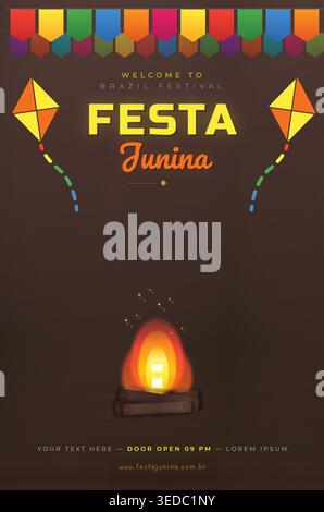Feiern Sie den lebhaften Geist Brasiliens mit diesem Festa Junina Festival Poster mit traditionellen Drachen, farbenfrohen Fahnen und einem gemütlichen Lagerfeuer. Stock Vektor