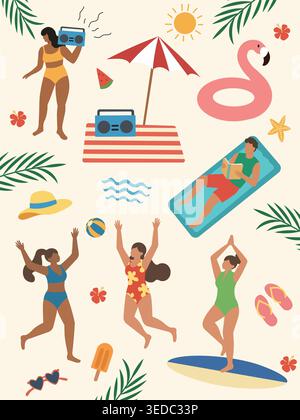 Farbenfrohes flaches Design, minimalistische Sommerurlauber und Strandelemente Stock Vektor