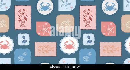 Nahtloses Vektormuster mit Krabben, Hummer und Meeresschildkröten auf dekorativen Briefmarken und Etiketten. Ideal für die Sommerdekoration am Strand und das Textildesign. Stock Vektor