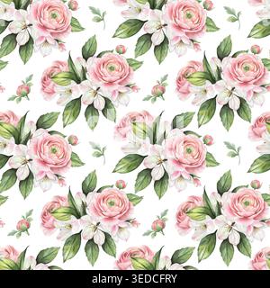 Nahtloses Aquarellmuster mit rosa Ranunkeln und weißen Apfelblüten auf weißem Hintergrund, für romantische Hochzeitstextilien, Blumentapete und botanische Geschenkverpackung, Kosmetikverpackung Stockfoto