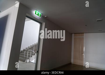 Ein moderner Innenraum mit einer Tür mit einem Ausstiegsschild, der zu einer leeren Treppe führt, die klare Linien und zeitgenössische Designelemente bietet. Stockfoto