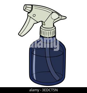 Isolierte Vektorillustration einer dunkelblauen Sprühflasche mit hellgrauem Auslöser und Düse, gefüllt mit klarer Flüssigkeit. Stock Vektor