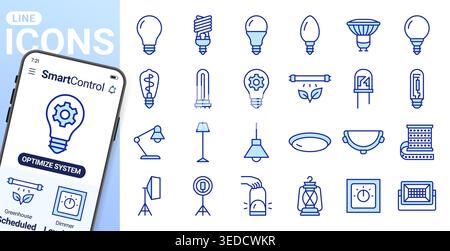 Glühlampe, Geräteleitungssymbole gesetzt. Leuchtstofflampe, LED, Glühlampe, Smart Ring, Softbox, Lavalampe flach minimale Vektordarstellungen. Einfache Gliederung Stock Vektor