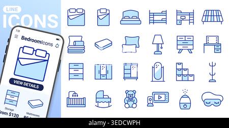 Schlafzimmer, Kinderzimmer Möbel Linie Icons Set. Etagenbett, Kinderbett, Kleiderschrank, Kommode, Spiegel, Kissen, Matratze flach minimale Vektorillustrationen. Einfach Stock Vektor