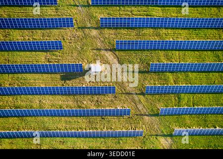 Draufsicht von Solarpaneelen in parallelen Reihen mit Versorgungsstraße, Photovoltaikanlage zur Erzeugung sauberer erneuerbarer Energien in der Landwirtschaft Stockfoto