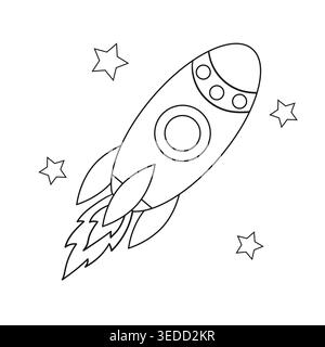 Monochrome Illustration mit Rakete und Sternen auf weißem Hintergrund. Perfekt für Kinderartikel, Dekor Stock Vektor