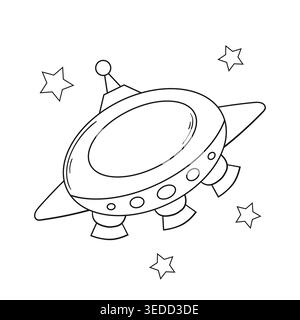 Monochrome Illustration mit UFO, Raumschiff und Sternen auf weißem Hintergrund. Perfekt zum Ausmalen von Seiten, Kinderzimmer-Dekor, Drucken Stock Vektor