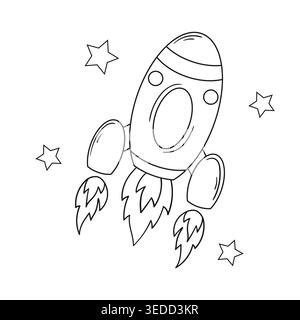 Monochrome Illustration mit Rakete und Sternen auf weißem Hintergrund. Perfekt zum Ausmalen von Seiten, Kinderzimmer-Dekor, Drucken, Poster Stock Vektor