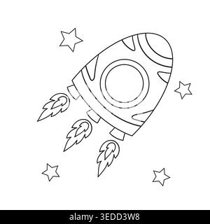 Monochrome Illustration mit Rakete und Sternen auf weißem Hintergrund. Perfekt für Kinderprodukte Stock Vektor