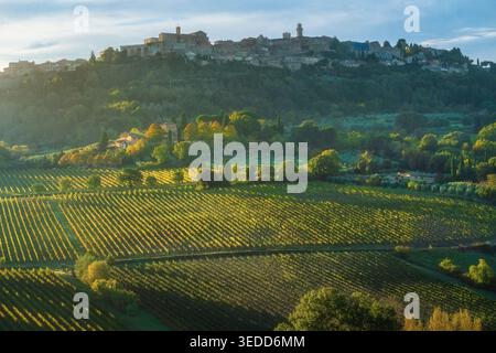 Malerischer Blick auf die mittelalterliche Bergstadt Montepulciano und die berühmten Weinberge Nobile. Goldenes Sonnenaufgangslicht über dem Val di Chiana la Stockfoto