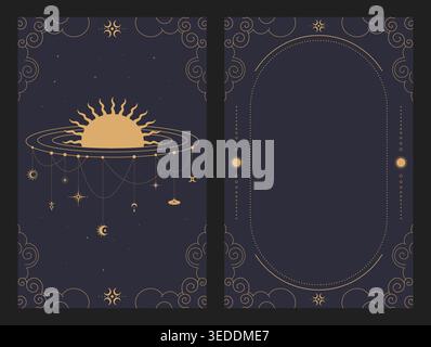 Tarotvorlagen mit Sonne und Wolken dekoriert. Rahmen und Abdeckung der Tarotkarte. Vektorabbildung Stock Vektor