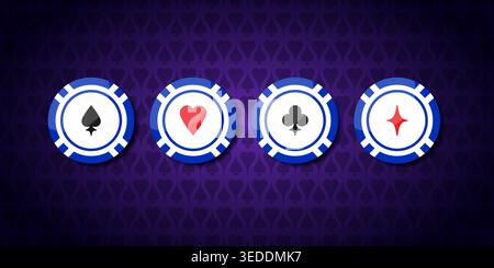 Casino Chips mit Spielkarte passt zu Symbolen Herz, Pik, Diamanten und Schlägern auf violettem Hintergrund. Vektorabbildung Stock Vektor