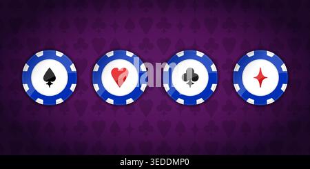 Set von Casino-Chips mit Spielkarte passt Symbole Herz, Pik, Diamanten und Schläger auf violettem Hintergrund. Vektorabbildung Stock Vektor