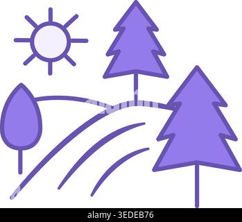 Symbol Für Farbiges Querformat. Vektorsymbol der Hügel mit Bäumen und Sonne. Reise- und Urlaubskonzept Stock Vektor