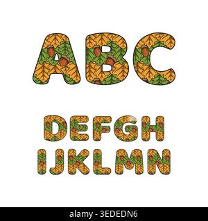 Schriftart, Buchstaben A bis N aus Eichenblättern und Eicheln. Isolierte Vektorobjekte auf weißem Hintergrund. Stock Vektor