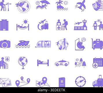 Farbige Reisesymbole. Vektor-Symbole für Urlaub, Hotel, Tourismus, Flugzeug, Reiseversicherung, Schulung, Registrierung, Reisebüro und andere Stock Vektor