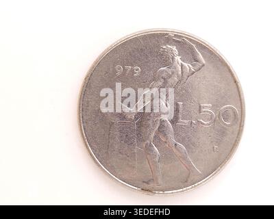 1979 Italienisch 50 Lire Münze - Vulcan Blacksmith Reverse. Altes Italien Geld Stockfoto