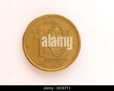 1991 Schwedisch 10 10 Kronen Münze Reverse - drei Kronen und Stückelung. Stockfoto