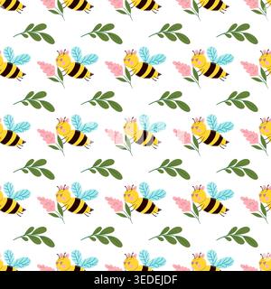 Nahtloses Muster mit niedlichen Bienen auf weißem Hintergrund. Ideal für die Einrichtung im Kinderzimmer Stock Vektor