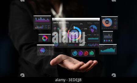 Futuristische Visuals für Datenanalysen mit interaktiven Diagrammen und Diagrammen, die Geschäftseinblicke in einem professionellen Umfeld demonstrieren Stockfoto