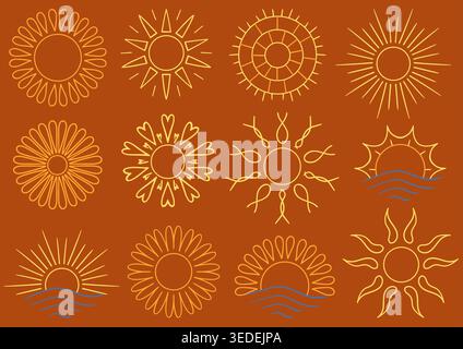 Eine Reihe von Symbolen der hellen Sonne. Farbige Umrisse handgezeichnet auf braunem Hintergrund. Perfekt für Wetter-Apps, Sommermotive, Logos und dekorative Grafiken Stock Vektor