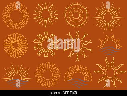 Eine Reihe von Symbolen der hellen Sonne. Farbige Umrisse handgezeichnet auf braunem Hintergrund. Perfekt für Wetter-Apps, Sommermotive und Logos Stock Vektor