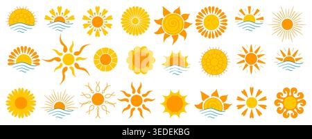 Set mit hellen Sonnensymbolen in flachem Stil. Mit abstrakten Sonnen, Blumenmotiven und Symbolen für Sonne über Meer. Warme gelbe und orangene Farbpalette, perfekt für W Stock Vektor