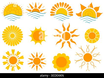 Set mit hellen Sonnensymbolen in flachem Stil. Mit abstrakten Sonnen, Blumenmotiven und Symbolen für Sonne über Meer. Warme gelbe und orangene Farbpalette, perfekt für W Stock Vektor