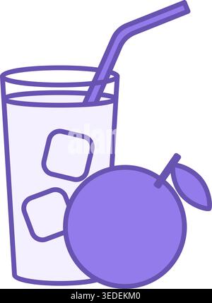 Farbiges Saftsymbol. Vektor-Symbol des Glases Orangensaft mit Eis und Strohhalm. Erfrischendes Getränk. Sommer- und Urlaubskonzept Stock Vektor