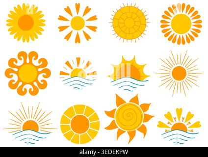 Set mit hellen Sonnensymbolen in flachem Stil. Mit abstrakten Sonnen, Blumenmotiven und Symbolen für Sonne über Meer. Farbpalette in warmem Gelb und Orange Stock Vektor