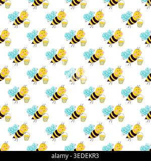 Nahtloses Muster mit niedlichen Karikaturbienen auf weißem Hintergrund. Buntes Insektenmuster Stock Vektor