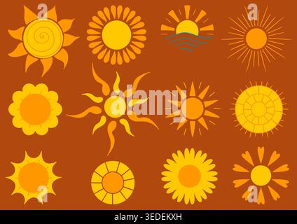 Set mit hellen Sonnensymbolen in flachem Stil auf braunem Hintergrund. Warmes Gelb und Orange, perfekt für Wetter-Apps und Textilien für Kinder Stock Vektor
