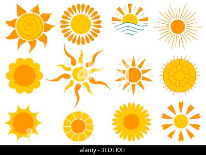 Set mit hellen Sonnensymbolen in flachem Stil. Mit abstrakten Sonnen, Blumenmotiven und Symbolen für Sonne über Meer. Warme gelbe und orangene Farbpalette, perfekt für W Stock Vektor