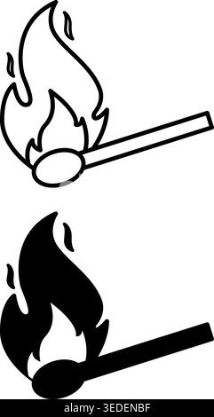Symbole Stimmen Überein. Schwarz-weiß-Vektor-Symbole von brennendem Match. Gefahrensymbol und brennbare Gegenstände. Camping- und Tourismuskonzept Stock Vektor