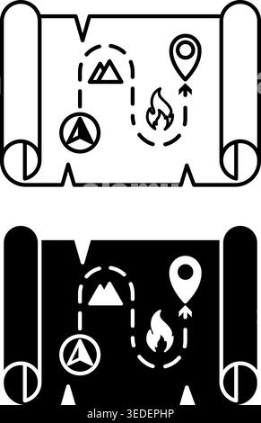 Quest-Symbole. Schwarzweiß-Vektorsymbole. Ordnen Sie Aufgaben zu, die gelöst werden müssen, um das Ziel zu erreichen. Unterhaltsames Spiel. Interaktives Adventure-Konzept Stock Vektor