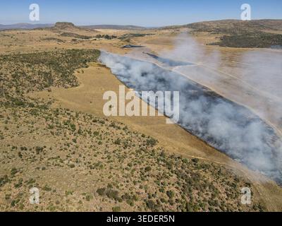 Aus der Vogelperspektive sehen Sie ein kontrolliertes Buschfeuer mit dickem weißem Rauch, der aus dem verkohlten Grasland über die weite Savannenlandschaft im Waterberg District Muni aufsteigt Stockfoto